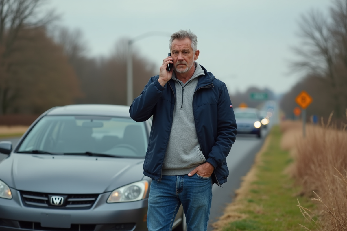 Homme d'âge moyen au téléphone près de sa voiture en banlieue