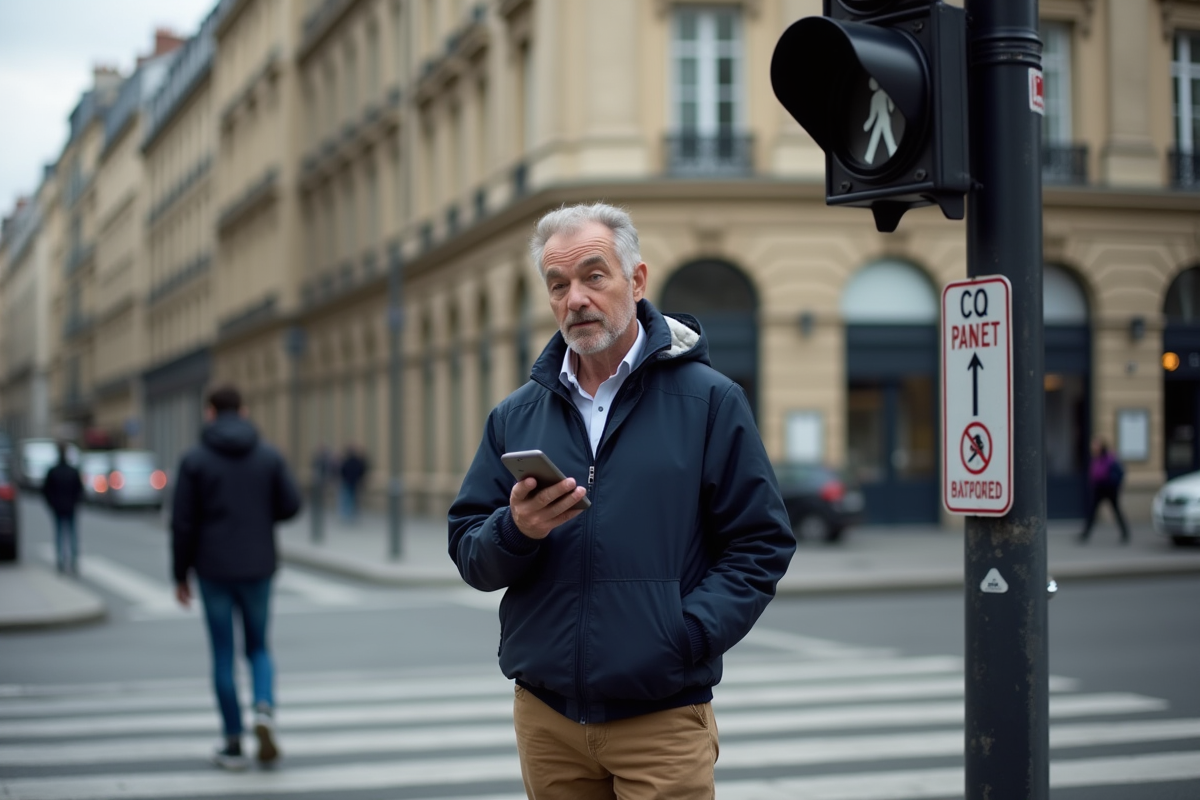 Homme regardant un feu rouge défectueux à Paris