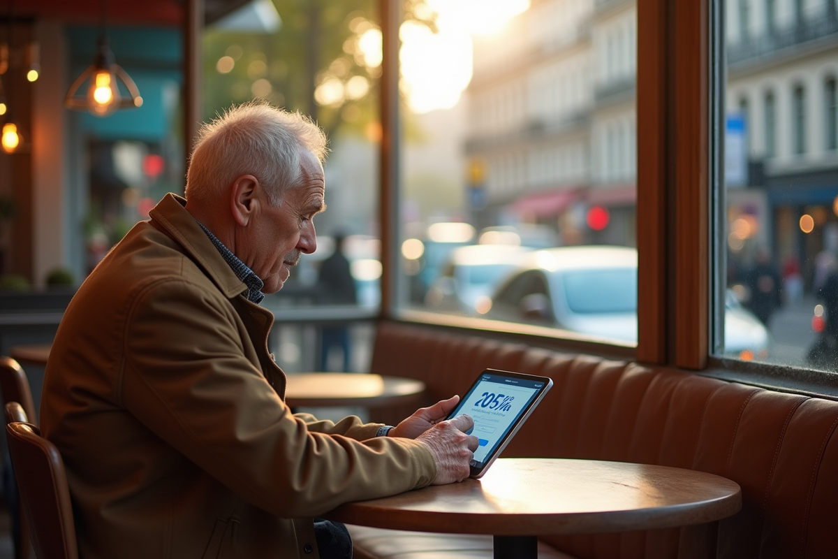 Homme âgé regardant une tablette dans un café urbain
