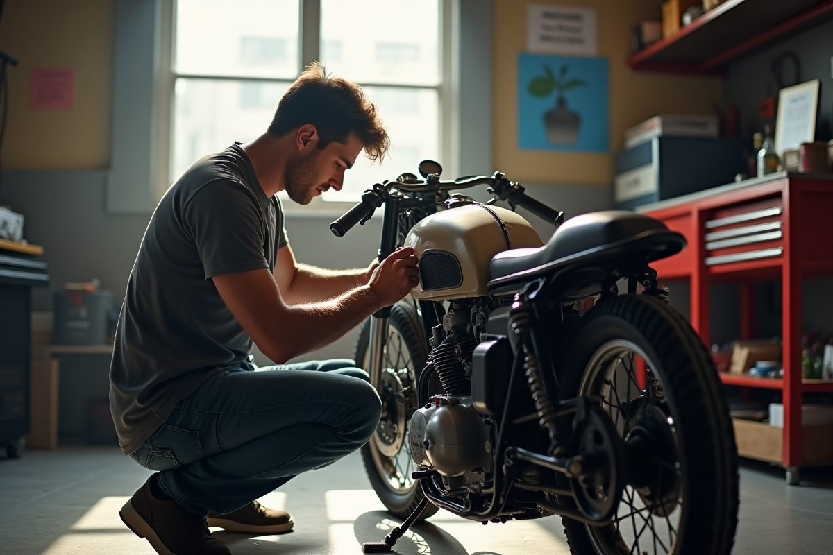 Homme vérifiant le moteur d'une vieille moto dans un garage lumineux