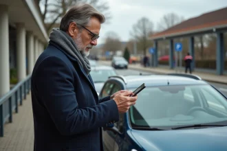 Homme d'âge moyen vérifiant son téléphone près d'une voiture à Versailles