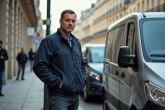 Homme d'âge moyen près d'une voiture diesel à Paris