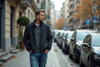 Homme marchant près de voitures en ville