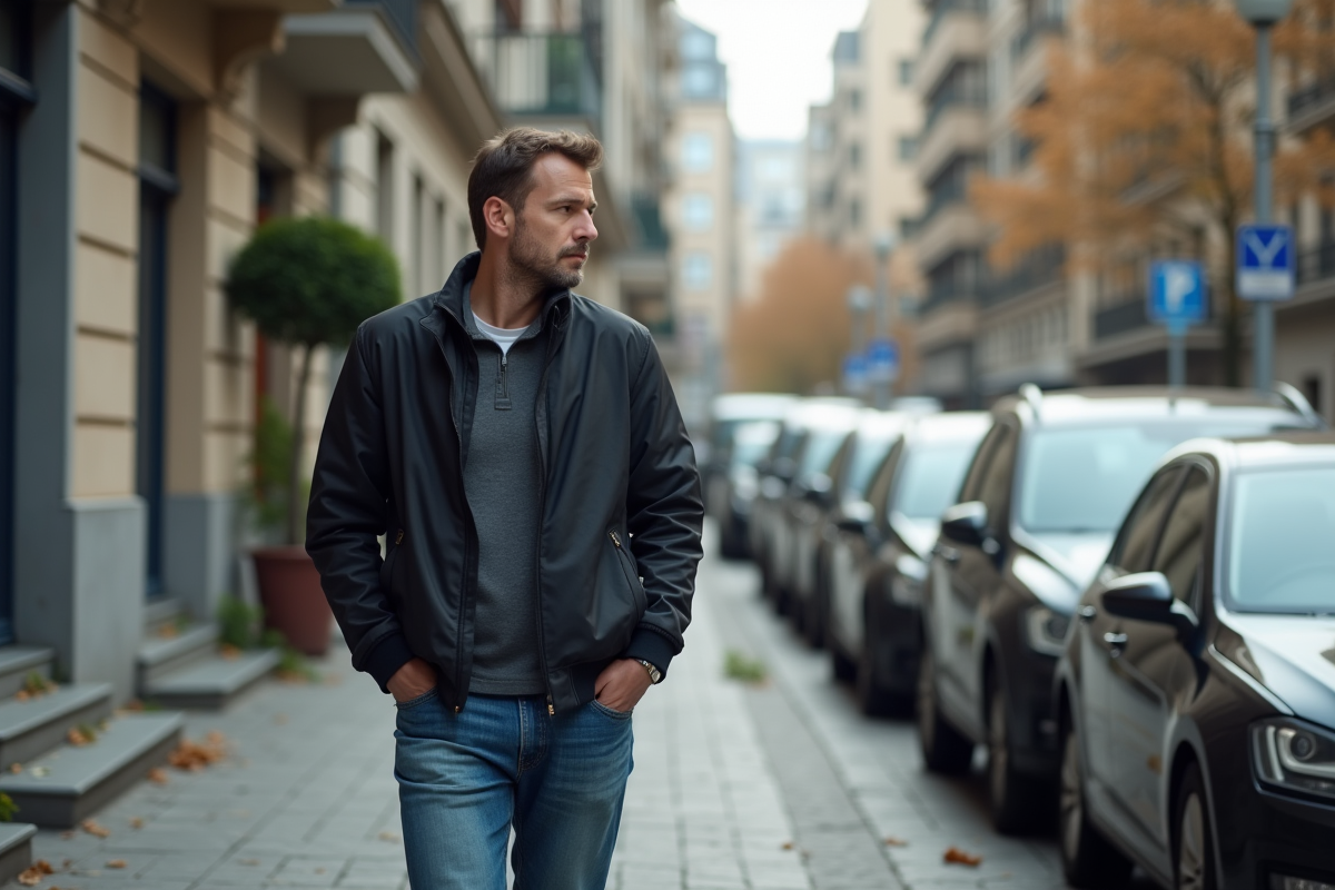 Homme marchant près de voitures en ville