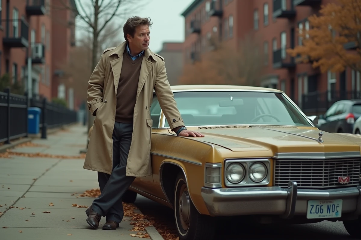 Homme d'âge moyen appuyé contre une voiture vintage en ville