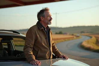 Homme d'âge moyen devant une voiture diesel en campagne