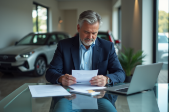 Homme d'âge moyen en blazer navy arrangeant des papiers auto