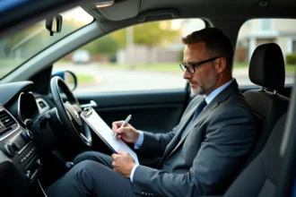 Homme d'affaires remplissant une fiche de remboursement kilométrique dans la voiture