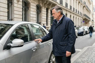 Homme examinant la voiture la plus vendue en France dans une rue parisienne typique