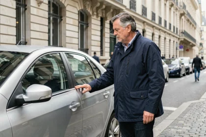 Homme examinant la voiture la plus vendue en France dans une rue parisienne typique