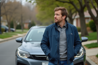 Homme devant une voiture moderne dans un quartier résidentiel