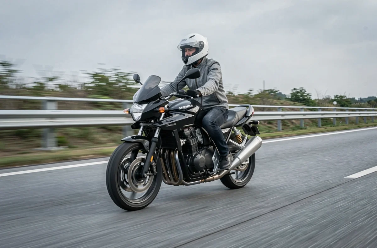 Honda CB900 en roulage sur autoroute, prise de vue panoramique illustrant le comportement dynamique