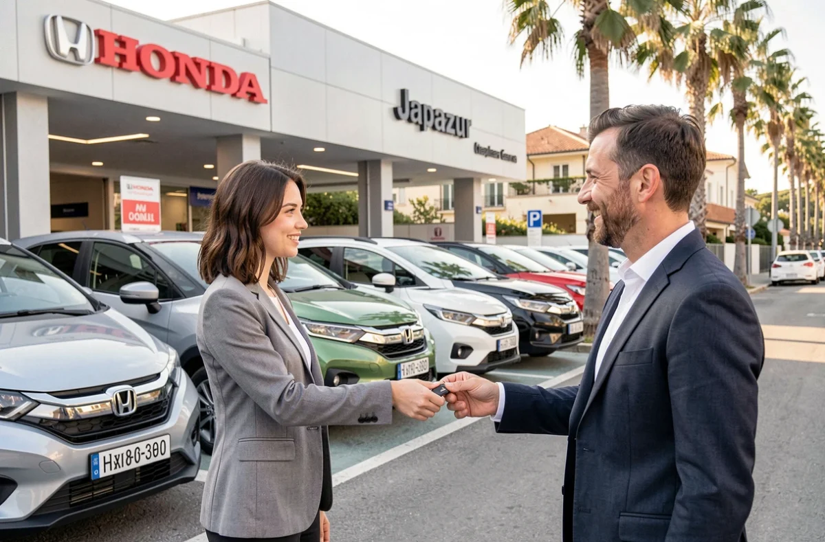 Concession Honda Japazur avec des voitures d'occasion et une conseillère remettant les clés à un client