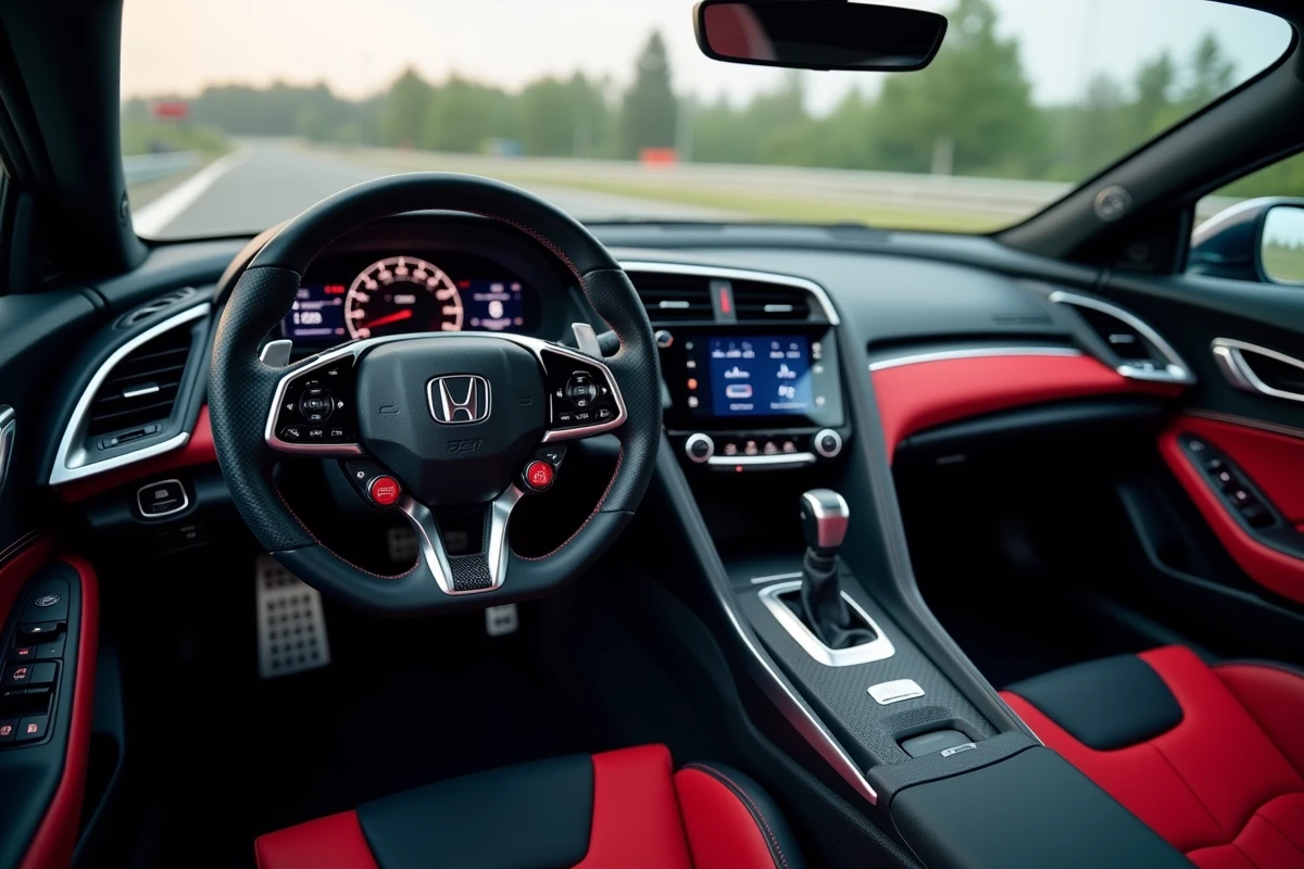 Habitacle de la Honda NSX équipé pour le circuit avec volant carbone, sièges baquet Alcantara et affichage Sport Hybrid
