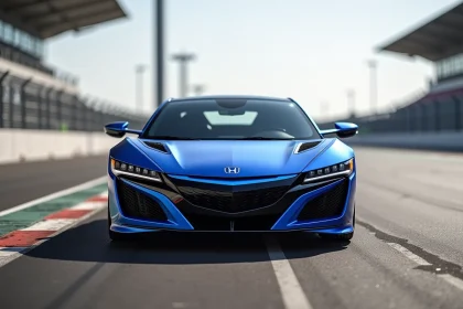 Honda NSX sur le paddock d'un circuit de course, vue trois quarts avant mettant en valeur l'aérodynamique et les prises d'air carbone