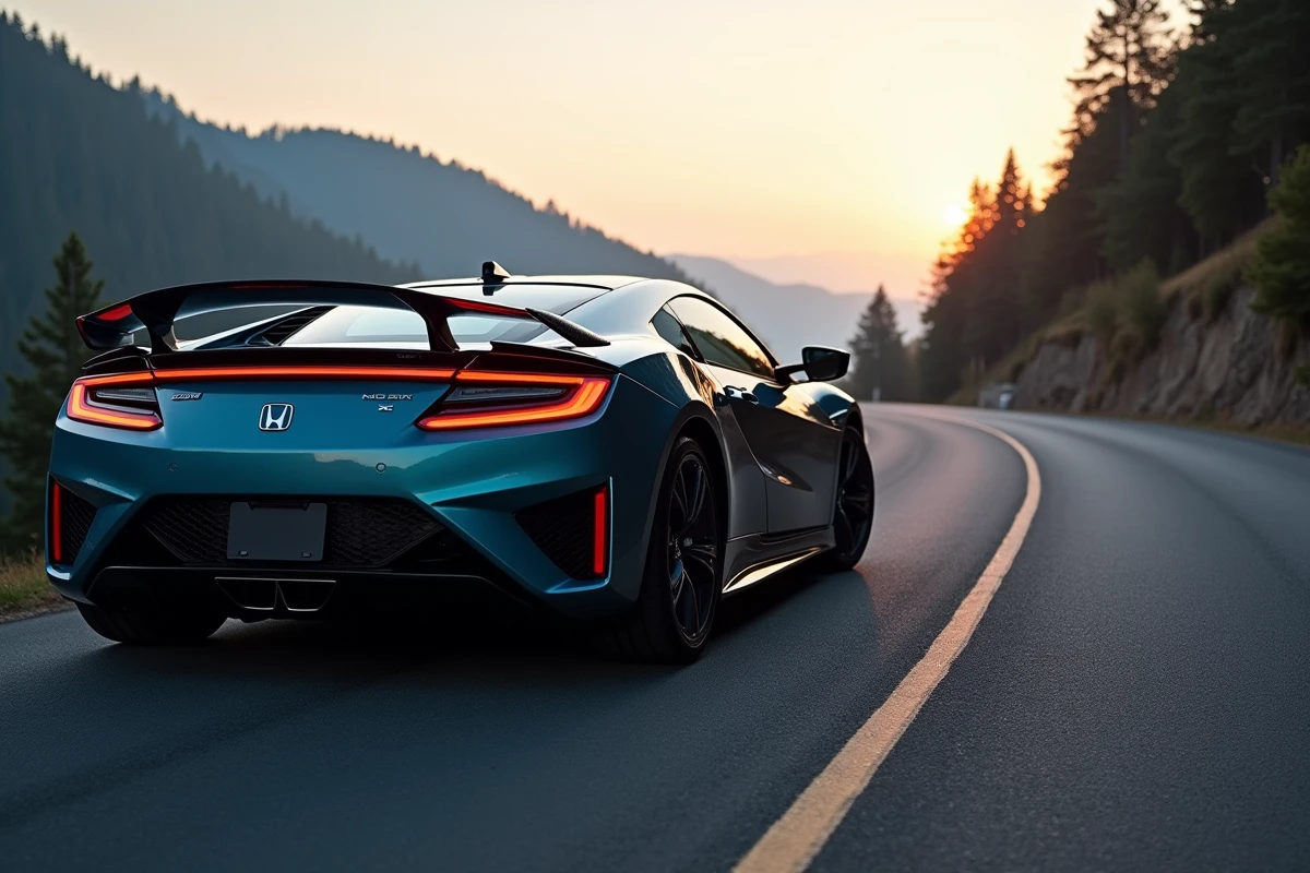 Honda NSX de dos sur une route de montagne sinueuse au crépuscule, aileron arrière déployé et diffuseur visible
