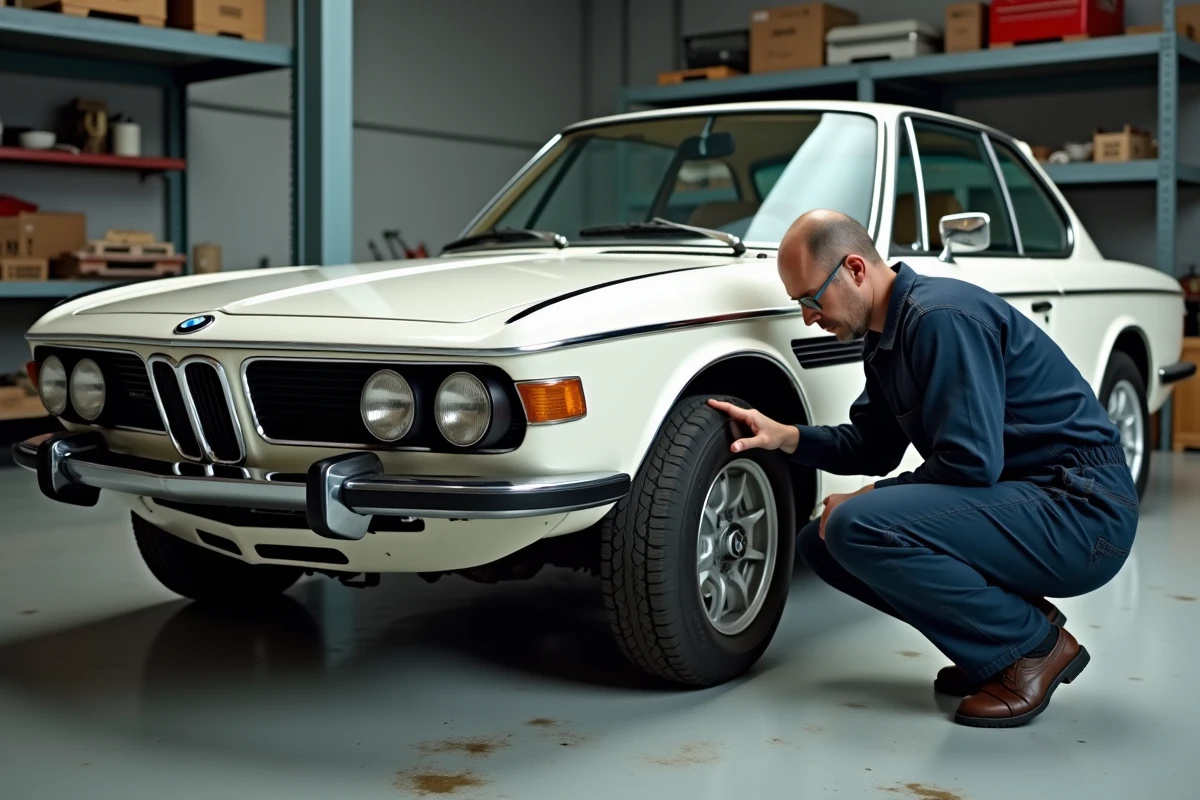 Mécanicien inspectant une BMW 3.0 CSL d'occasion dans un garage, vérification de la carrosserie et du châssis avant achat