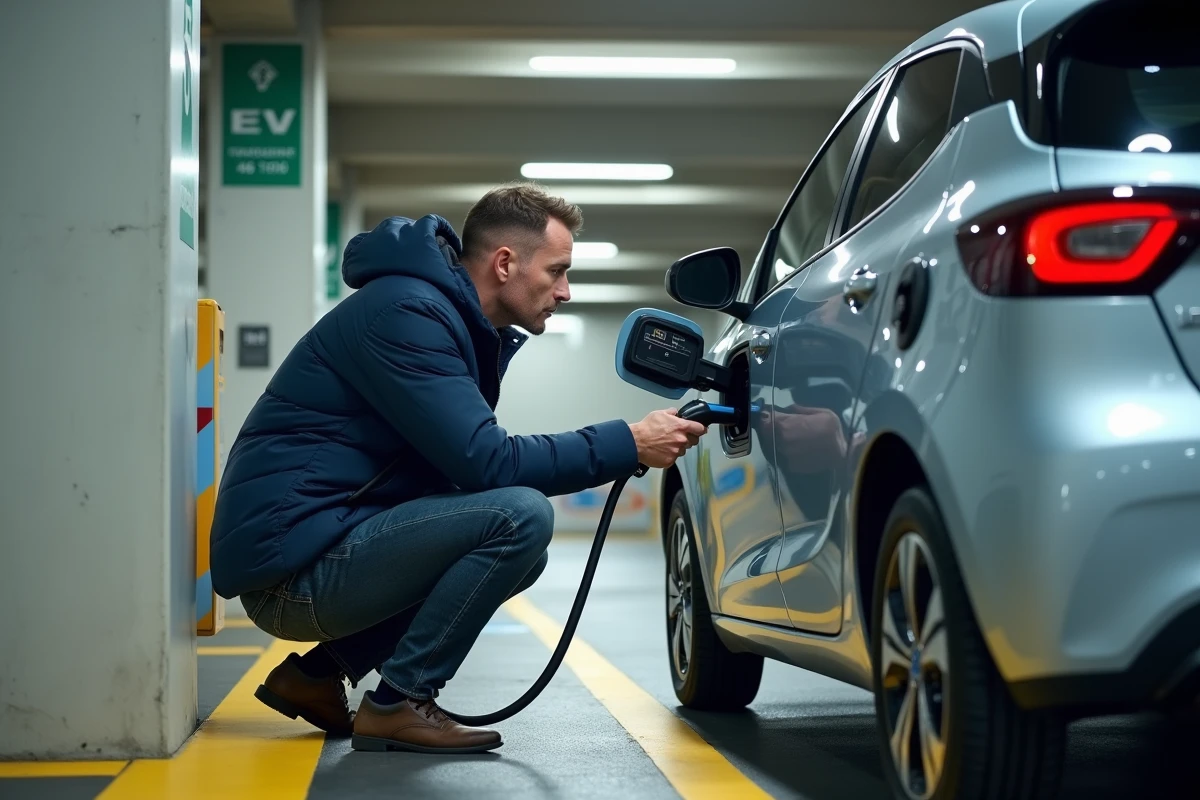 Homme inspectant le port de charge d'une voiture électrique dans un parking intérieur Carrefour avec signalétique de borne de recharge