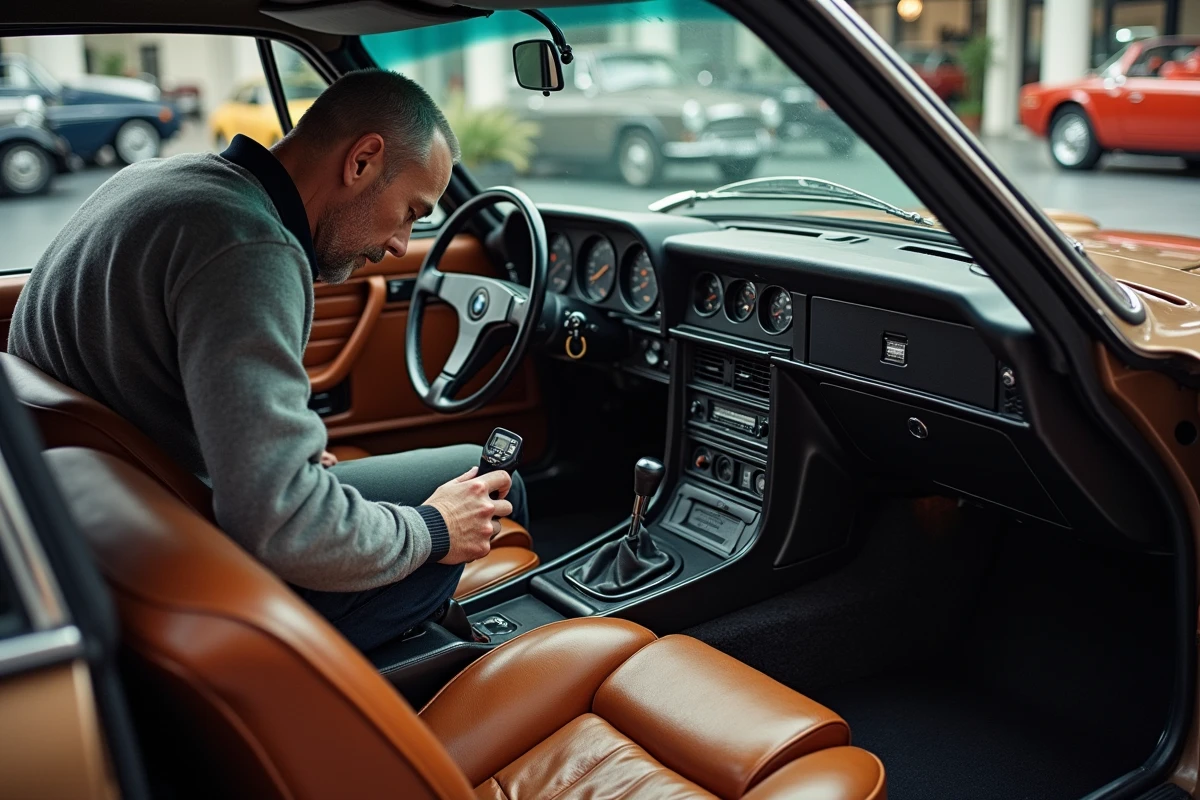 Inspection détaillée de l'intérieur d'une BMW 3.0 CSL d'occasion, vérification du tableau de bord et des équipements d'origine chez un concessionnaire de voitures classiques