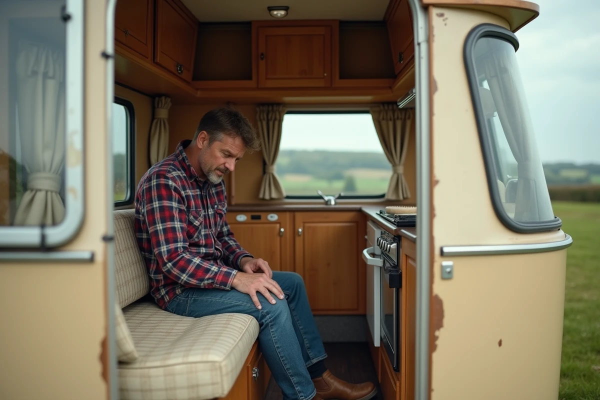 Homme inspectant l'intérieur d'une caravane d'occasion lors d'une vente entre particuliers en milieu rural