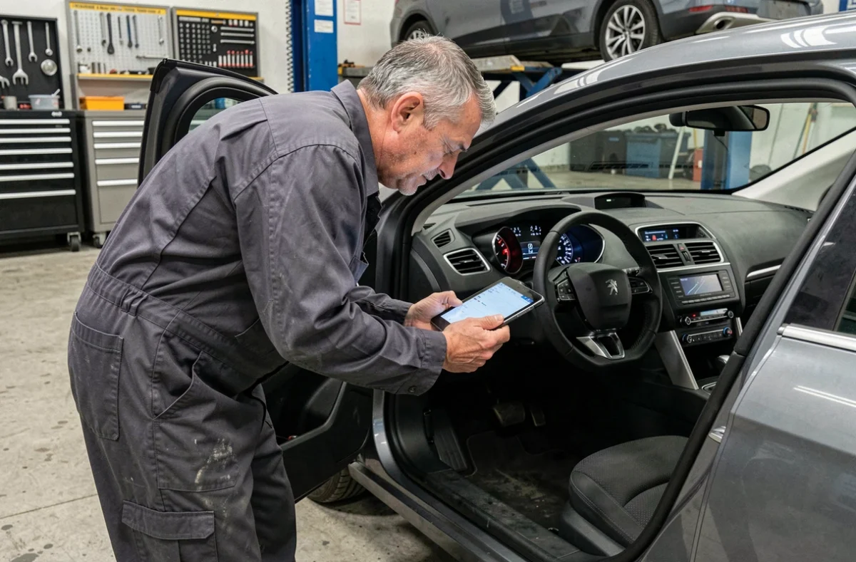 Technicien automobile inspectant le tableau de bord d'un Peugeot 3008 phase 2 d'occasion avec une tablette de diagnostic dans un atelier