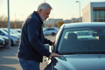 Homme inspectant une voiture dans un concessionnaire
