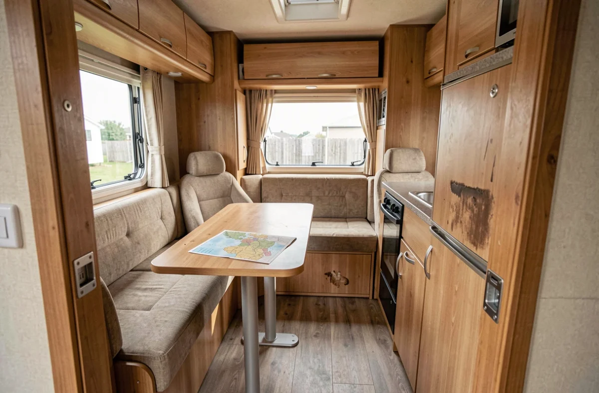 Intérieur d'une caravane d'occasion avec coin repas et cuisine compacte, état réaliste de l'habitacle