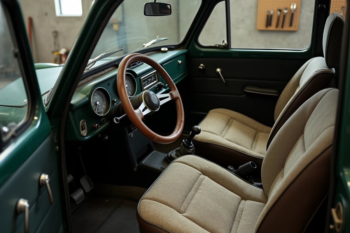 Intérieur d'une petite voiture citadine britannique d'occasion montrant le tableau de bord à cadrans analogiques et les sièges en tissu usé