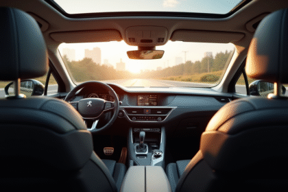 Intérieur moderne d'une Peugeot 408 avec tableau digital lumineux