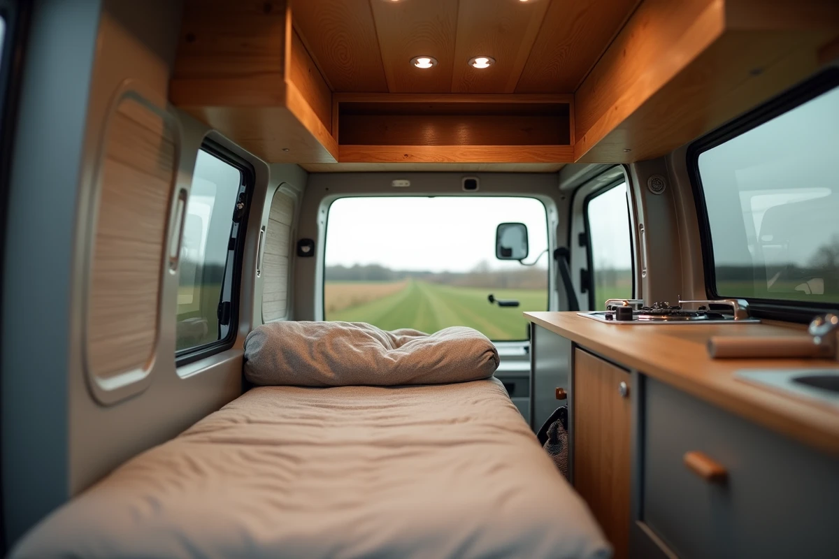 Intérieur aménagé d'un petit van avec couchage en bois et kitchenette compacte, portes arrière ouvertes sur la campagne
