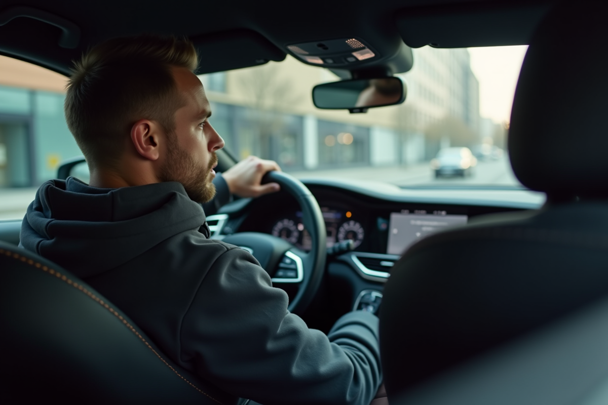 Intérieur de voiture avec homme au volant en milieu urbain