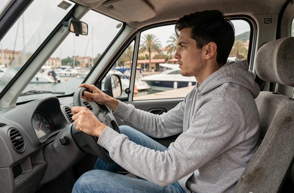 Jeune homme au volant d'une voiture sans permis d'occasion face au port de Bastia