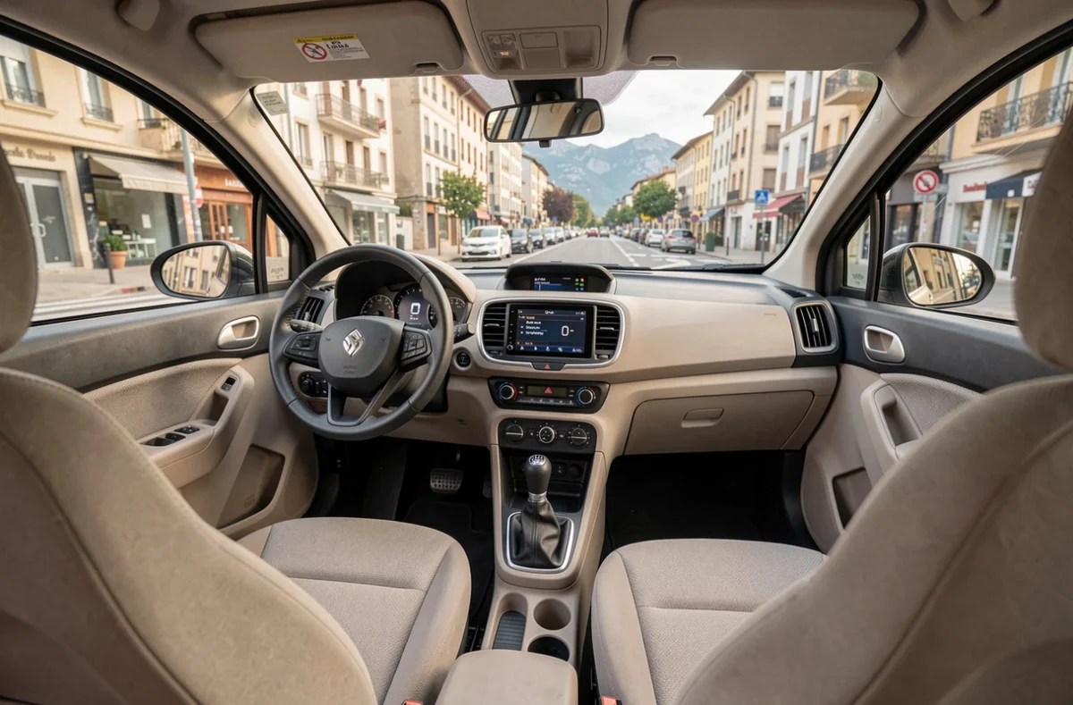 Intérieur d'une voiture sans permis en location avec tableau de bord compact et vue sur les rues de Tarbes