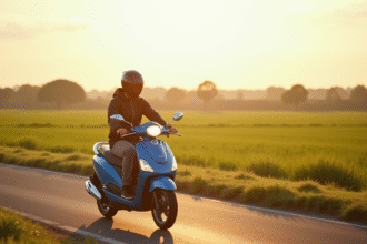 Jeune adulte roulant en scooter MBK bleu sur une route en campagne