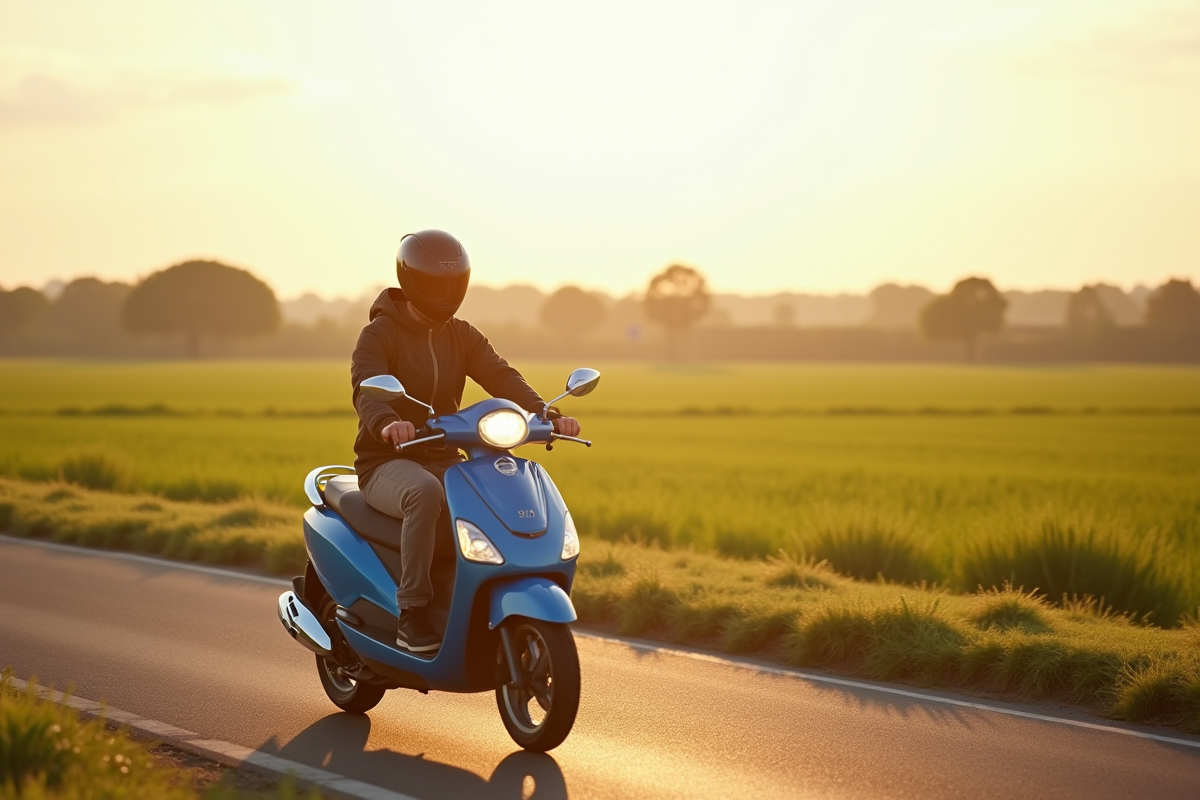 Jeune adulte roulant en scooter MBK bleu sur une route en campagne