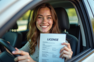 Jeune conducteur souriant avec permis de conduire dans la voiture