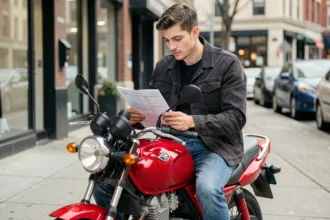 Jeune homme assis sur une moto 125cc rouge examinant son contrat d'assurance moto dans une rue urbaine