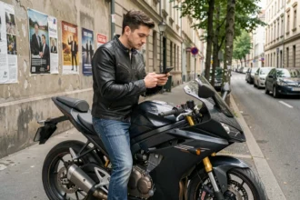 Jeune conducteur de moto consultant son smartphone pour comparer des prix d'assurance moto en ville