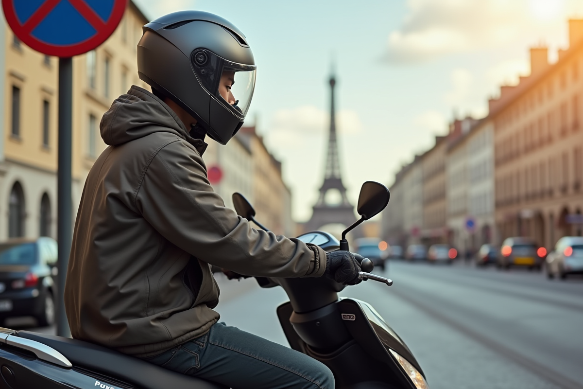 Jeune adulte en casque et veste de protection sur un scooter urbain