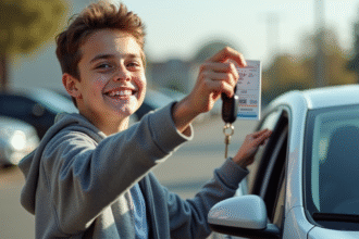 Jeune conducteur souriant avec permis et clé voiture pour l article