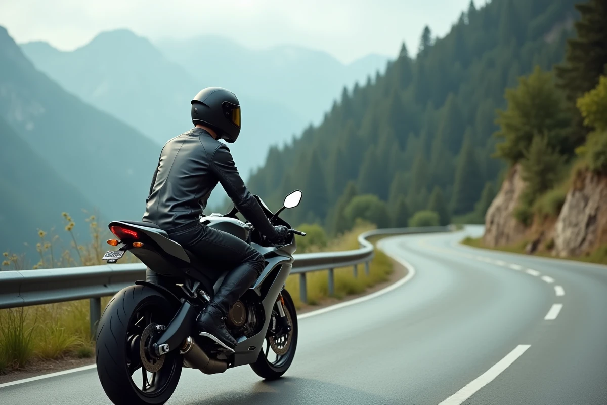 Jeune homme en combinaison cuir sur une moto sportive en montagne