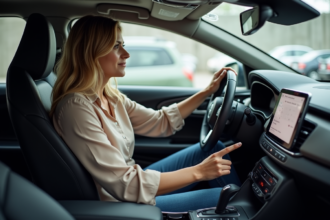Jeune femme dans la voiture regardant le tableau de bord