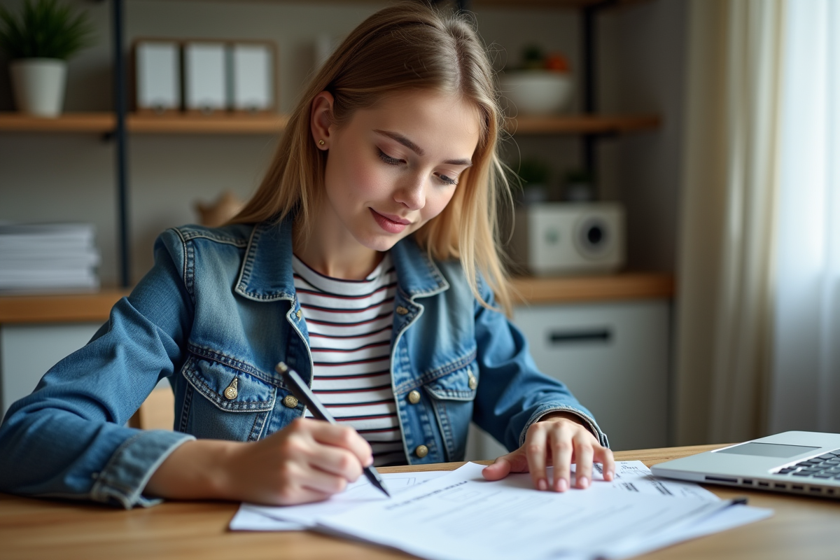 Jeune femme remplissant des documents d'assurance au bureau