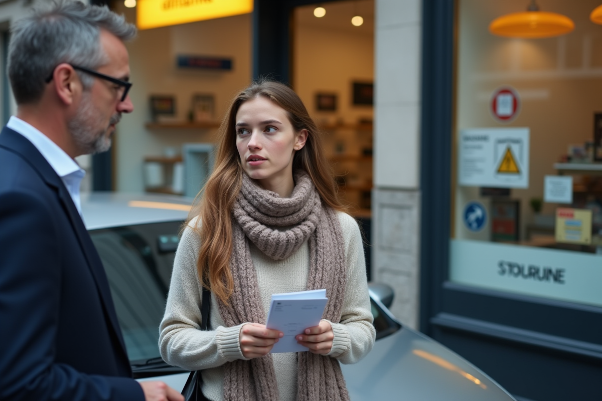 Jeune femme discutant avec un agent d