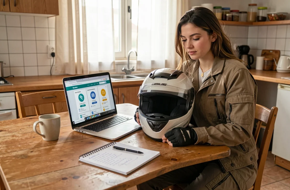 Jeune femme motarde comparant les offres d'assurance moto sur un ordinateur portable à son domicile