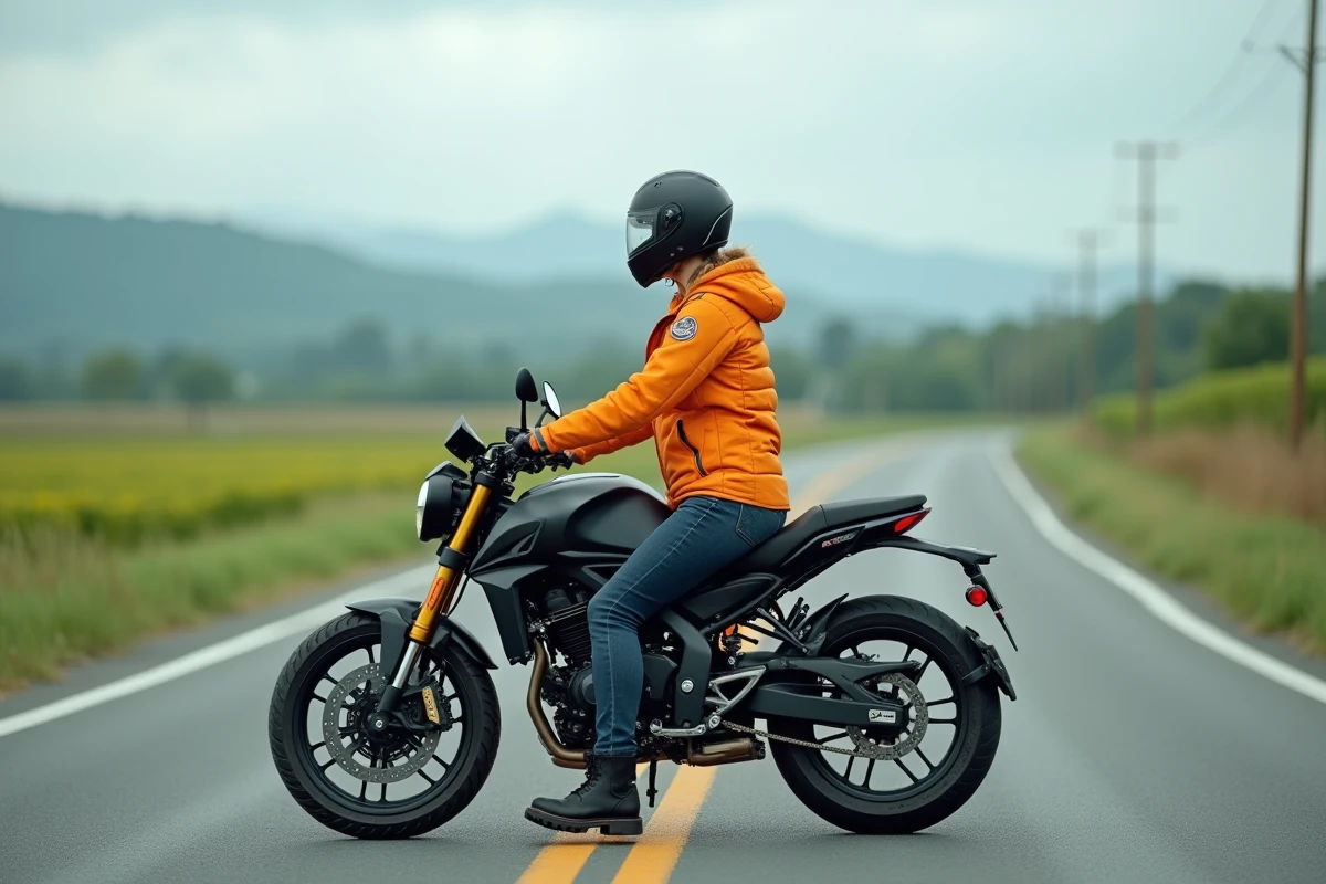 Jeune femme motarde assise sur une moto nue sur une route de campagne avec paysage verdoyant