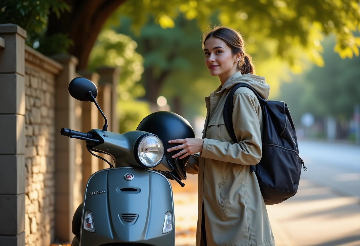 Jeune femme attachant son casque à côté d