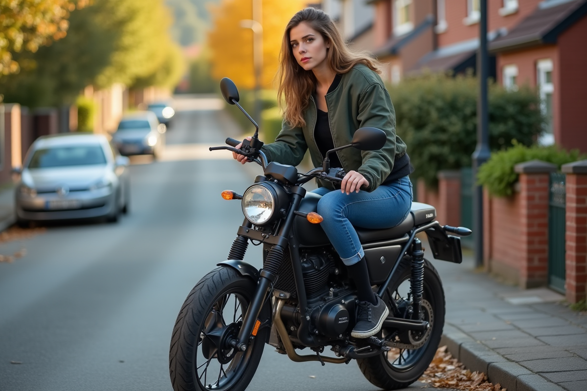 Jeune femme assise sur une moto dans une rue de banlieue