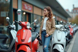 Jeune femme compare deux scooters 50cc en extérieur