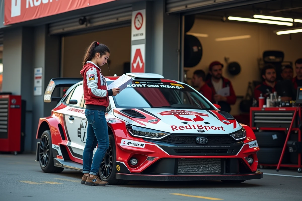 Jeune femme en jeans examinant papiers devant voiture rallye